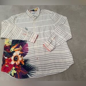 🔥Tommy Bahama Men's XL Gray Linen Long Sleeve Button-Up Casual Floral Print